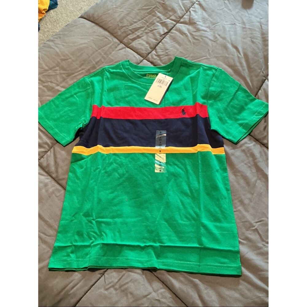 Polo by Ralph Lauren Green Short Sleeve Tee with Red, Navy & Yellow Stripes